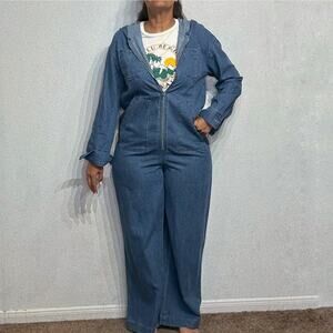 Blue Denim Long Sleeve Hooded Wide Leg Jumpsuit Sz M